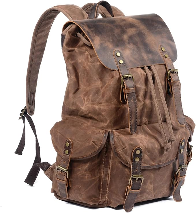 WUDON Leather Backpack for Men, Waxed Canvas Shoulder Rucksack Carry-On Travel Backpack
