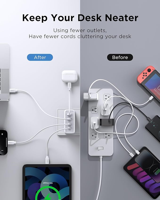 PISEN 120W USB C Charger - 120W 4-Port GaN USB C Charger Block Fast Charging with 6FT USB-C to C Cable, 120W Charger for MacBook Pro/Air, Pixelbook, iPad, iPhone Series, Samsung, Pixel 8, Steam Deck