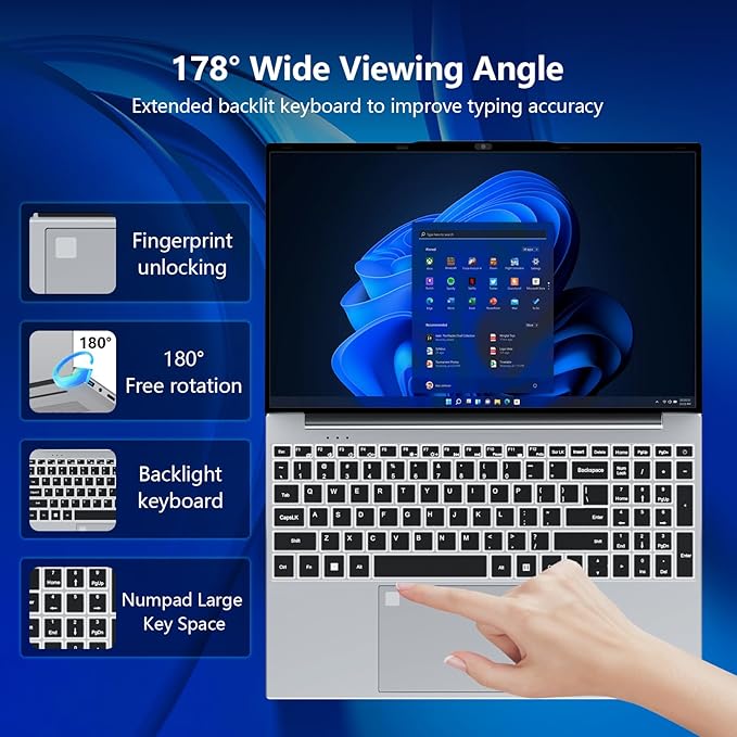 2025 Laptop, 15.6" Laptop Computer with 16GB DDR4 1TB SSD, N5095 Quad-Core up to 2.9GHz, Portable Laptop with Backlit Keyboard, Fingerprint, FHD 1920 * 1200, WiFi5, BT4.2, Win 11 Pro