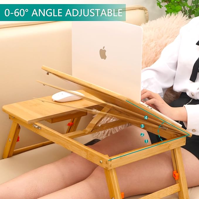 Lap Desk COIWAI Bed Table Desk Tray Laptop Desk for Bed Adjustable Height Angle Foldable Portable with Tablet Phone Holder with Storage Drawer for Bed Sofa Couch, for Eating Writing Bamboo