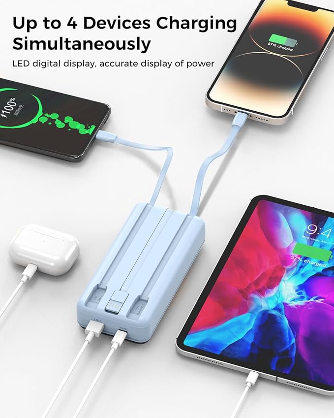 Portable Charger 40000mAh Power Bank Built-in Cable Battery Pack, PD 22.5W Fast Charging Portable Phone Charger 4 Output 3 Input, Compatible with iPhone 16 15 14 13 Samsung Google iPad (Blue)