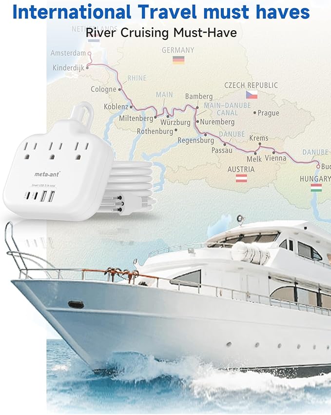 Brazil Power Adapter with 5FT Extension Cord, meta-ant US to Brazil Travel Plug with 3 American Outlets and 4 USB Charger Port(2 USB C), Type N Adaptor for USA to Brazilian Brazil, White