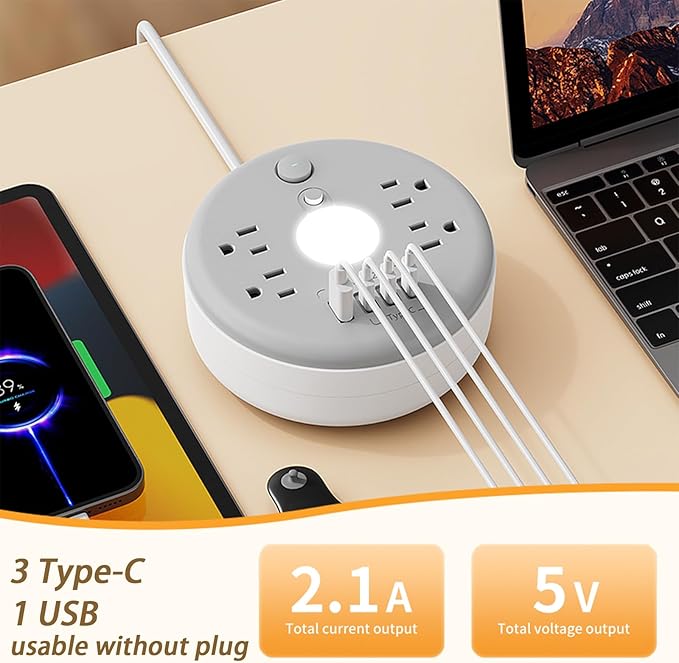 Power Strip Surge Protector with Night Light, 6FT Retractable Extension Cord, 4 AC Outlets, 1 Smart USB-A & 3 USB-C Ports, Portable Travel Power Strip for Home Office Dorm Hotel
