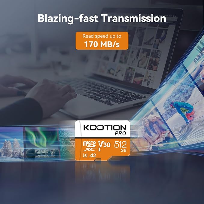 KOOTION 512GB Micro SD Card Up to 170MB/s, microSDXC UHS-I Memory Card, C10, U3, A2, V30, Full HD, 4K UHD, TF Card for Drones/Gaming Console