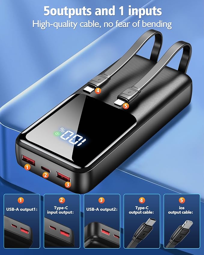 Portable Charger Power Bank - 40000mAh Fast Charging Powerbank Battery Pack with Built in USB-C(22.5W) and iOS(20W) Output Cable，Deep Black