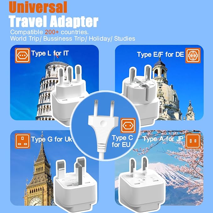 European Travel Plug Adapter,WRXDMC Universal Power Adapter for EU UK DE JP,6 AC Outlets,4 USB Ports with 5ft Extension Cord,International Power Strip,Compact for Travel,Cruise Ship Must Have