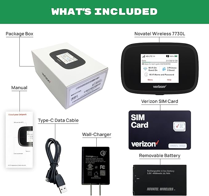 Verizon Wireless Jetpack Inseego MiFi 7730L | Mobile Hotspot for Travel | 4G Mobile Portable WiFi | Unlocked Globally | Speed up to 450 Mbps | Usage Up to 8 Hours | EVDO-LINK Bundle - Verizon Sim Card