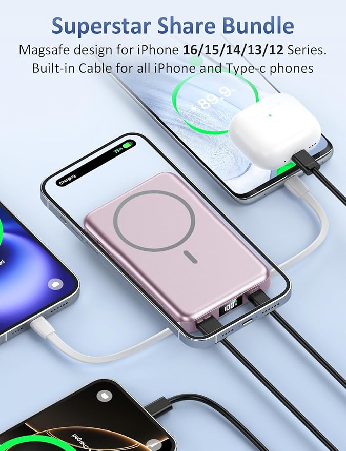Magnetic Portable Charger, 10000mAh Power Bank, 5 in 1 Portable Charger with Built in Cable, 20W Fast Charging for Magsafe Battery Pack Compatible with iPhone 16/15/14/13 Pro/Pro Max, Samsung Series