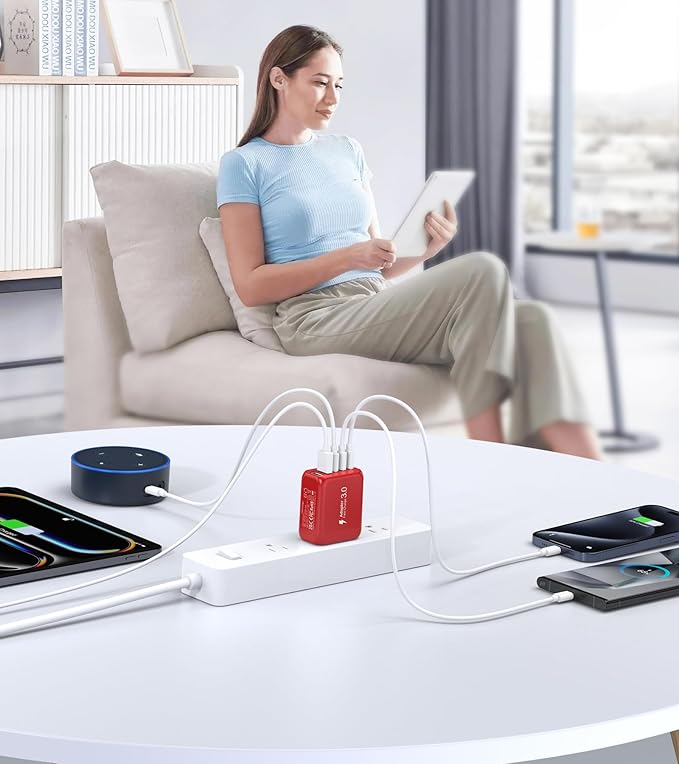 50W USB C Wall Charger, 2Pack 5-Port C Charger Fast Charging Block PD Power Adapter +QC 3.0 Multiport Type C Box Brick Cube USB A Wall Plug for iPhone 14/15/16/17 Pro Max, iPad,Samsung Galaxy(Red)