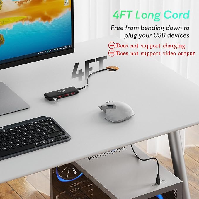 Qeefun 10Gbps USB 3.2 Hub with 4 USB A Data Ports, USB 3.2 Gen 2 Splitter, 4ft Extended Long Cable and Type-C Power Port, USB multiport Adapter for pc, Laptop, iMac, Mac mini, Dell XPS and More