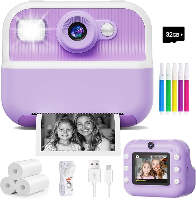 Instant Camera, Front Rear Dual Selfie Kids Camera with 1080P Videos, Holiday Birthday Gifts for Kids Age 3-12, Toddler Portable Travel Print Digital Camera Toy for 4 5 6 7 8 9 Year Boys Girls