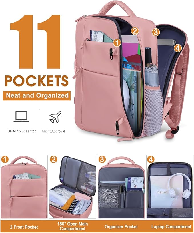 Capolo Travel Backpack for Women Men Waterproof Laptop Backpack Airlines Approved Carry On Backpack Bag Computer Bookbag for Business, Work, Traveling Fits 15.6 Inch Laptop(Pink)