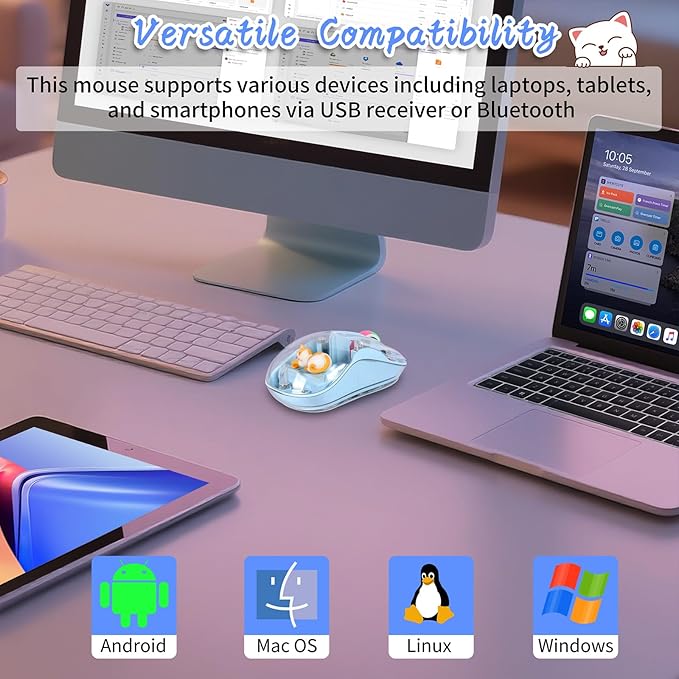 elec Space Cute Wireless USB C Mouse - Bluetooth Triple Mode Rechargeable Cartoon Mouse for Laptops, iPads & MacBook Air/Pro - Silent Operation, Portable Design, Unique Magnetic Character (Blue)