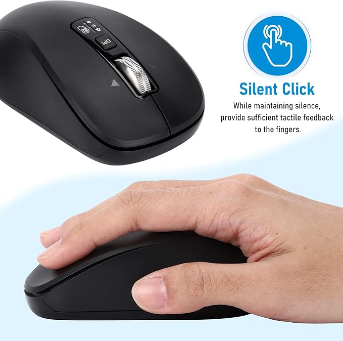 Wireless Mouse with 2 Bluetooth and 1 USB, 4-Way Scrolling, Full Size Mouse, Silent, Long Battery Life, Adjustable Cursor Speed, for Computer, Laptop, Tablets, iPad, Desktop, MacBook (No Side buttons)
