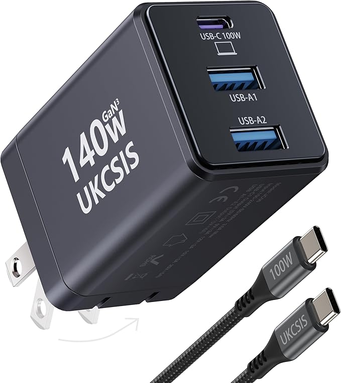 140W USB C Charger Block, Foldable 3-Port Multi-Device Fast Power Adapter, USB C Charger for MacBook pro/Air, Dell, Samsung Galaxy, iPad Pro, and More (Black)