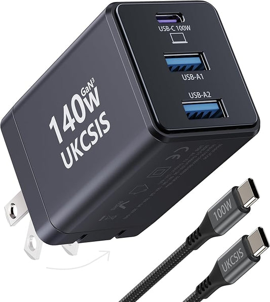 140W USB C Charger Block, Foldable 3-Port Multi-Device Fast Power Adapter, USB C Charger for MacBook pro/Air, Dell, Samsung Galaxy, iPad Pro, and More (Black)