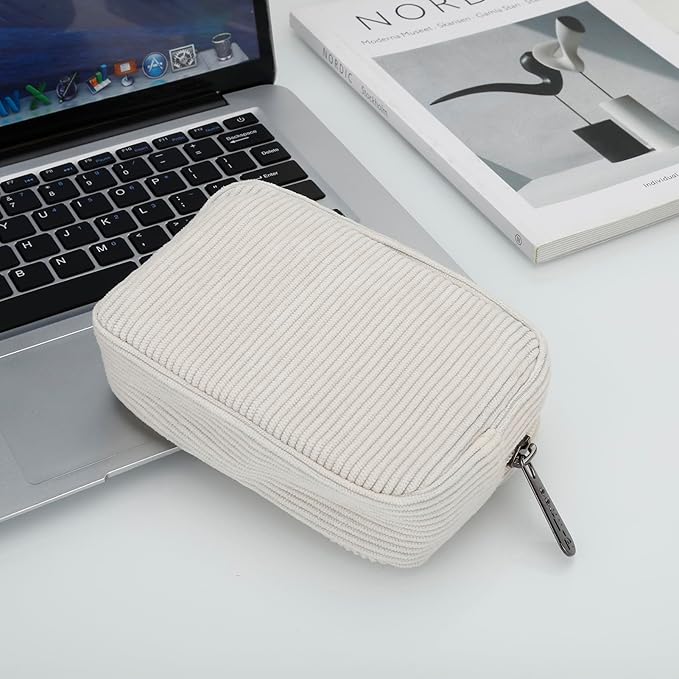 E-Tree Cute Small Makeup Bag,Cosmetic Toiletry Make up Little Items Pouch for Purse,Zipper Mini Tech Charger Cable Electronic Organizer Case,Travel Accessories for Women Men Teen,White Corduroy