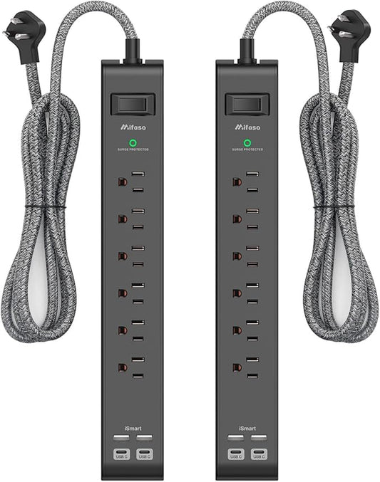 2 Pack Surge Protector Power Strip, 6 Outlets 4 USB Charging Ports, 12Ft Braided Extension Cord, Slim Flat Plug, Wall Mount, Desk Accessories, Home Office Essentials
