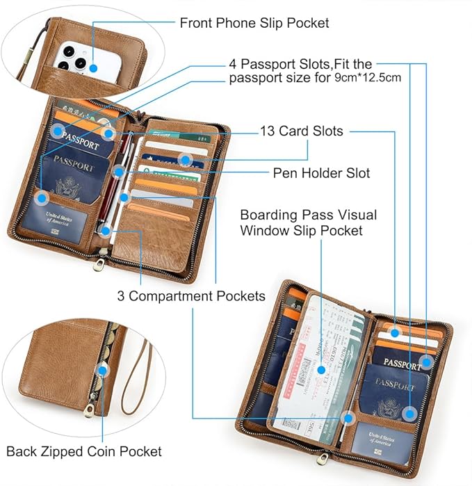 CONTACTS Travel Family Passport Holder for 4 Genuine Leather Passport Wallet RFID Blocking Passports Organizer 3 Layer Design Fit 4 Passports, 13 Credit Cards (Camel Brown)