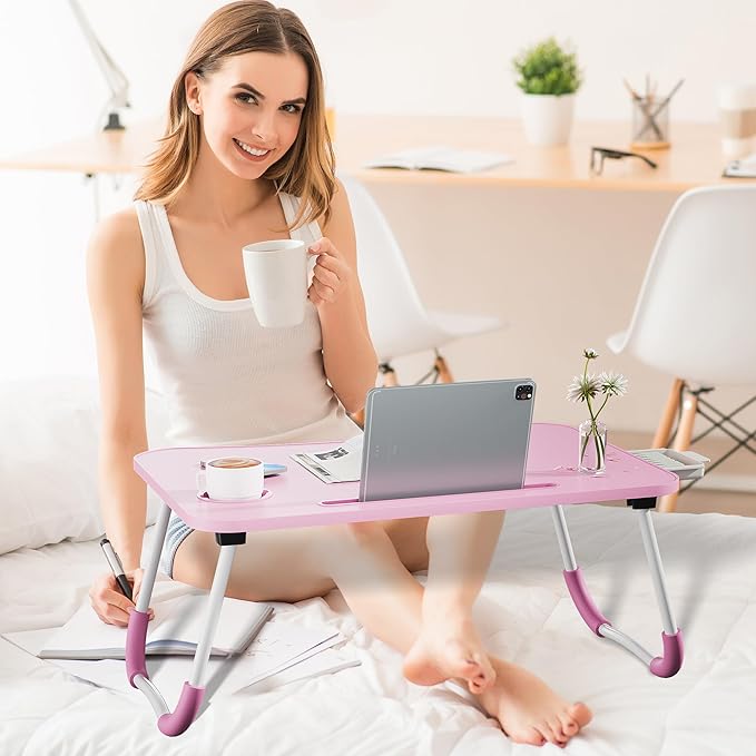 Lap Desk Bed Trays for Eating and Laptops Breakfast in Bed Tray for Sofa/Couch/Study/Reading/Writing with Cup Holder/Drawer On Low Sitting Floor Large Portable Foldable (Pink)