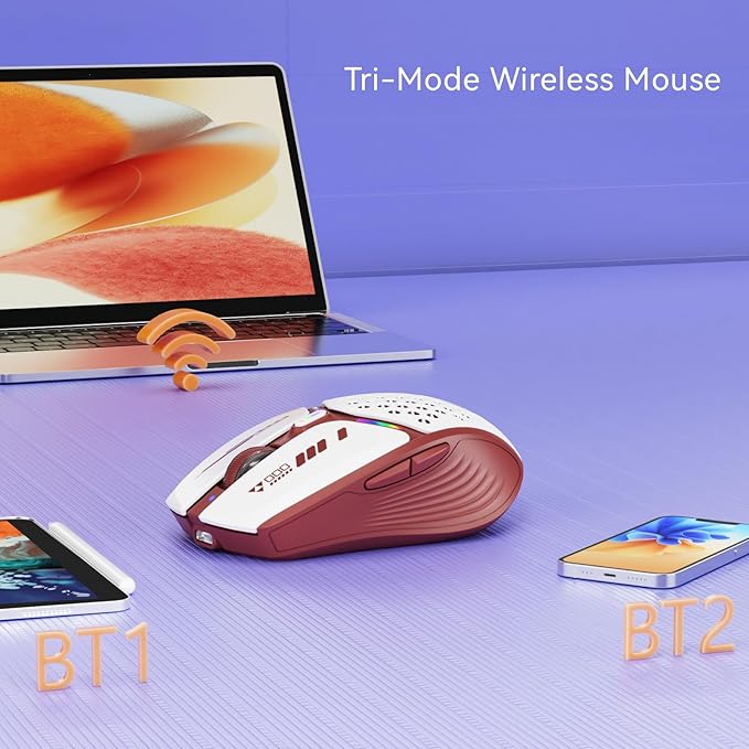 Uciefy Bluetooth Wireless Mouse, (BT5.0/5.1+2.4GHz) USB C Rechargeable LED Mouse Battery Level Visible, Honeycomb Magnetic Shell Cover with USB Receiver & Type-C Adapter for Laptop/PC/Mac/iPad-Red