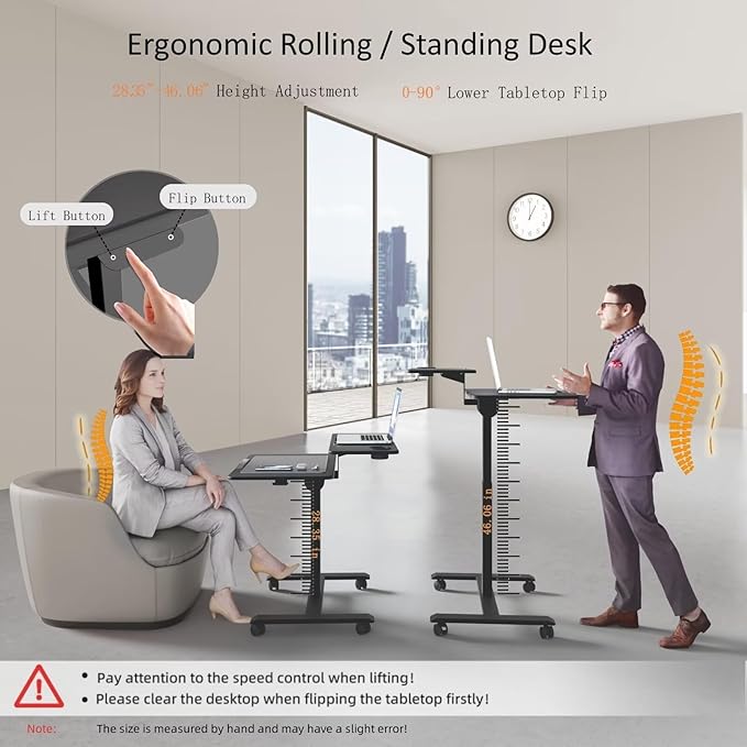 Pneumatic Standing Desk with Wheels - Adjustable Height 28" - 46" & 0-90° Tilt, 31.5" x 17.7" Skin-Feel Desktop, Rolling Computer Desk for Home Office, Hospital, School (Black)