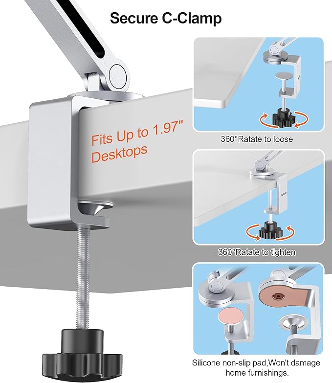 Tablet Arm Mount with Super Grip, Adjustable Foldable Holder & Heavy Duty Aluminum 360° Rotating Clamp for iPad, Phone, Monitor, Kindle - Universal for Desk, Bed, Kitchen - Silver