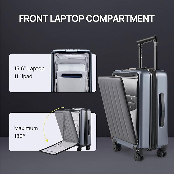 NINETYGO Carry on Luggage 22X14X9 Airline Approved with Front Laptop Pocket, 20 Inch Luggage with Front Compartment, Expandable, Double Spinner Wheels, Hardsided PC, TSA Lock (Shadow, Seine Max)