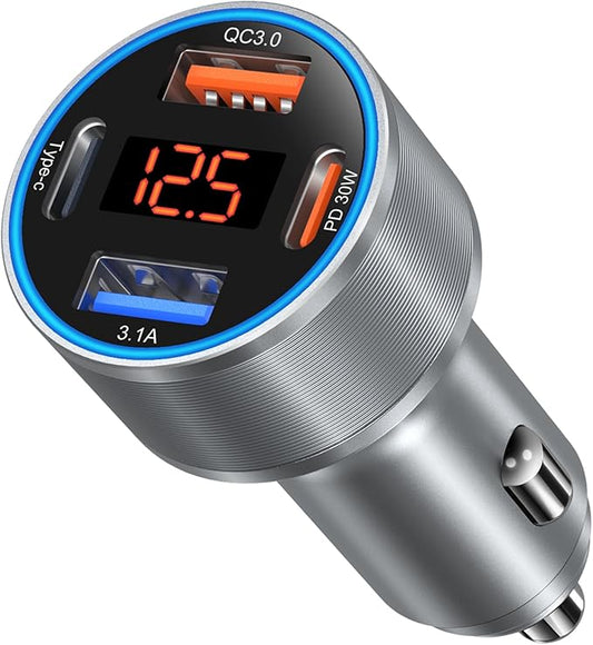 Car Charger USB C, 65W Multi Port Dual 12V USB C Car Charger Adapter with Voltage Display PD/QC 3.0 Super Fast Charging Cigarette Lighter Adapter for iPhone 17 16 15 14 13 12 Pad Pro Air(Gray)