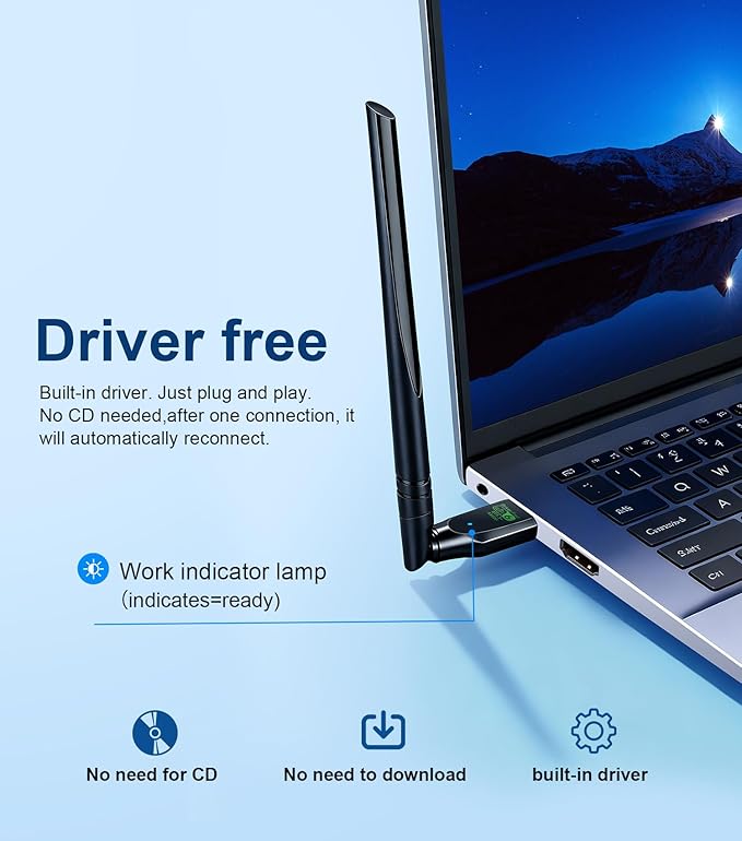 AX900Mbps USB WiFi 6 & Bluetooth Adapter for Desktop PC,5dBi Gain Antenna Wireless Transceiver,BT5.3(EDR+BLE),Dual Band (2.4GHz+5GHz),Plug-and-Play for Desktop/Laptop/Printers (Win 7/10/11)