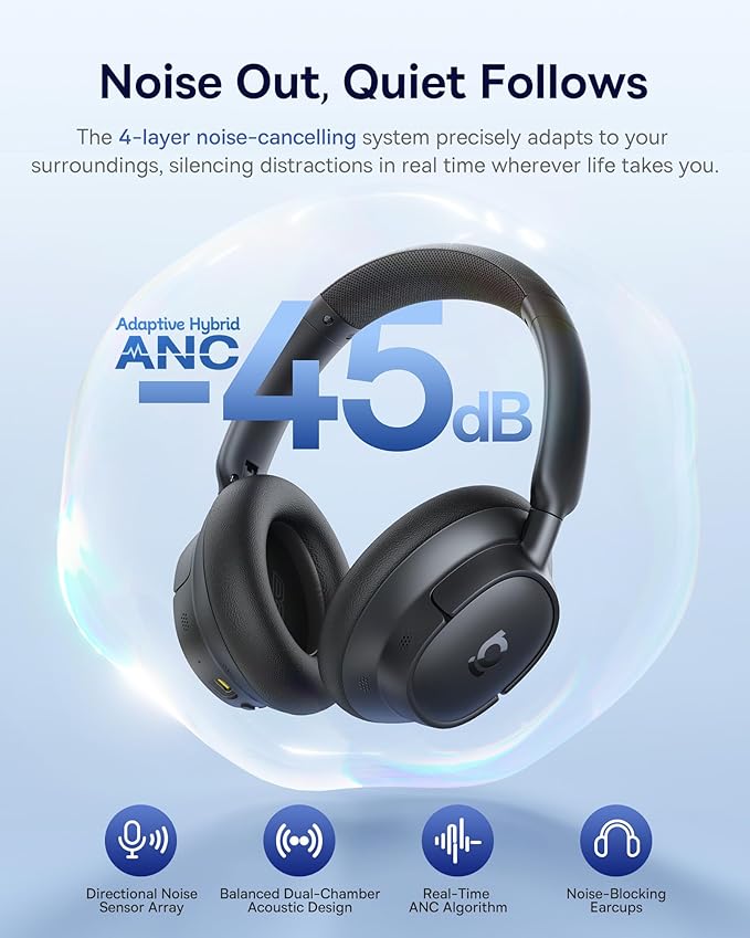 Baseus Bass BH1 NC Adaptive Active Noise Cancelling Headphones, Real-Time Adaptive Hybrid ANC, SuperBass 2.0, LDAC Hi-Res Sound, 80H Playtime, 5-Mic AI Clear Calls, Comfortable Fit, Bluetooth 6.0