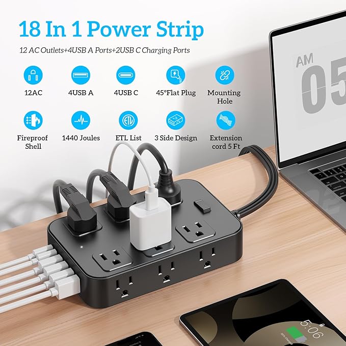 Flat Plug Power Strip Surge Protector 5 Ft Extension Cord with 12 AC Outlets 6 USB Ports 3 Side Multi Plug Outlet Extender Home Office Kitchen Dorm Room Wall Desk Charging Station ETL Listed