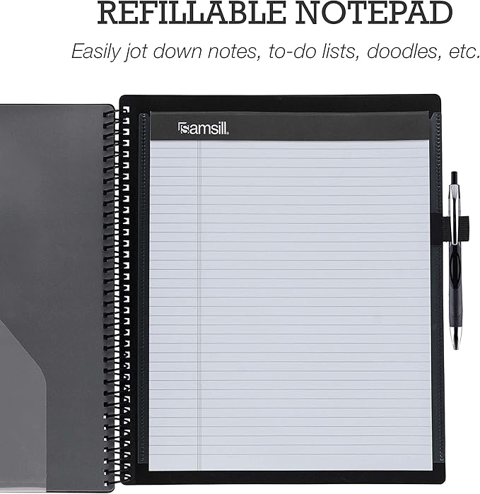 Samsill Deluxe 24 Pocket Spiral Project Organizer with Refillable Notepad Holder, Customizable Front Cover, 12 Dividers with Erasable Write-On Tabs in Gray, Plastic Folders with Pockets