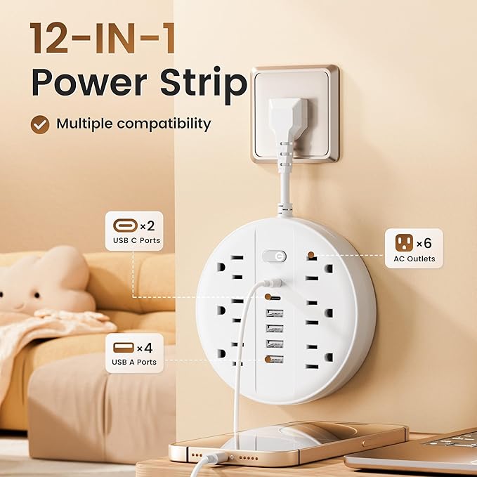 Flat Plug Power Strip Surge Protector, Chiefway Outlet Extender with Multiple Outlets, 6 AC Outlets, 4 USB Ports, 2 USB C & On/Off Switch, Short Extension Cord for Home Room Dorm Essentials, Travel RV