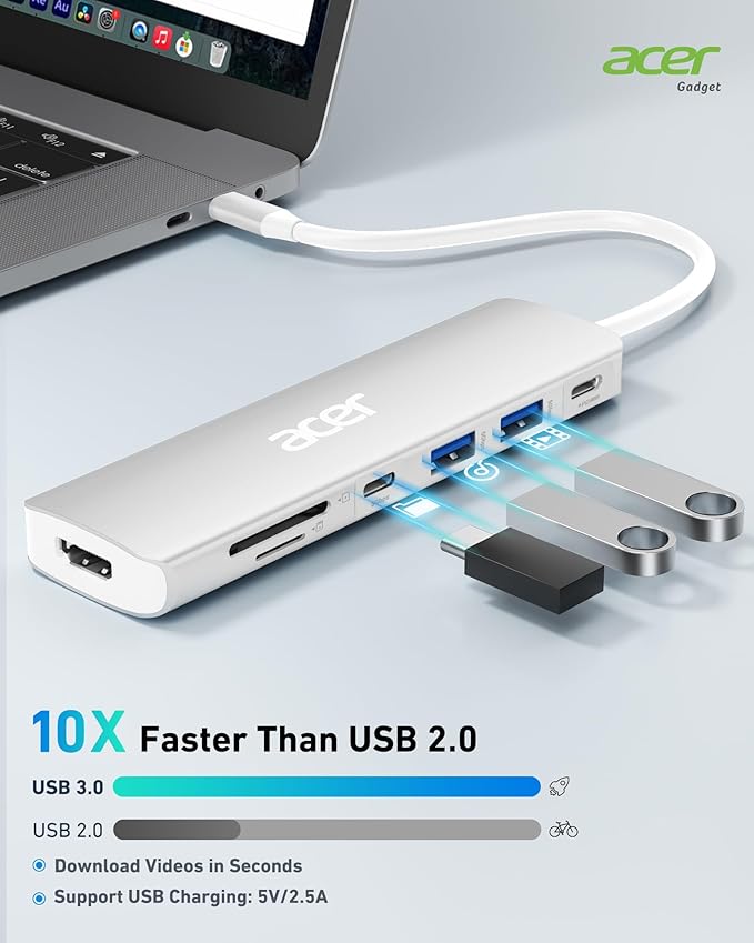 Acer USB C Dock, 7 in 1 USB C to HDMI Hub, 2 USB 3.1 GEN1 and 5Gbps Type-C Data Port, 4K HDMI Port, PD 100W Charging, SD Card Reader, for iPad Pro MacBook Pro Acer Laptops and More (Silver)