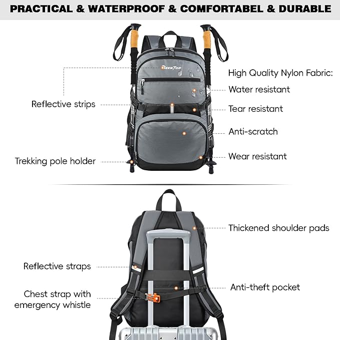 Seektop 40L Hiking Backpack Foldable Daypack for Women Men, Lightweight Travel Backpack Carry on Flight Approved for Camping School Work Business Leisure (Gray)