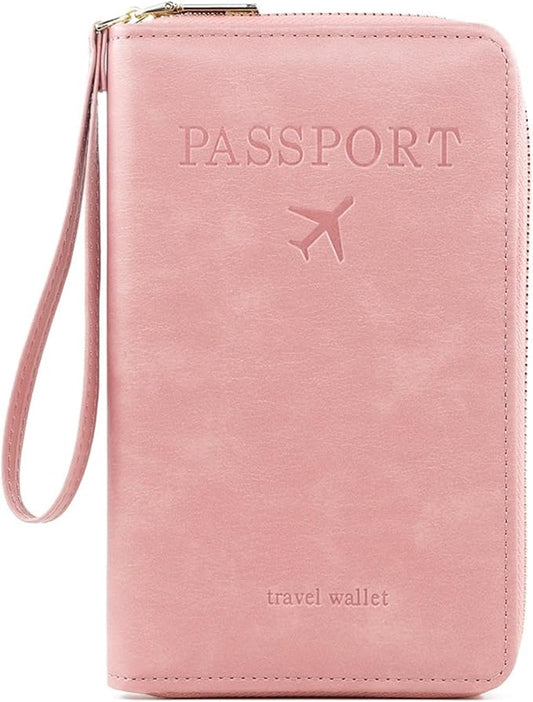 S-11 RFID Blocking Passport Holder Travel Wallet, Slim Zipper Card Case with ID Window, Boarding Pass Slot & Credit Card Organizer for Men and Women. (Pink)