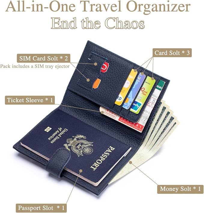 RFID Blocking Passport Holder for Travel Women – Genuine Leather Travel Wallet with 1 Passport Slot & 3 Card Slots, Coin Pocket & SIM Slot – Slim Travel Organizer (Sapphire Blue)