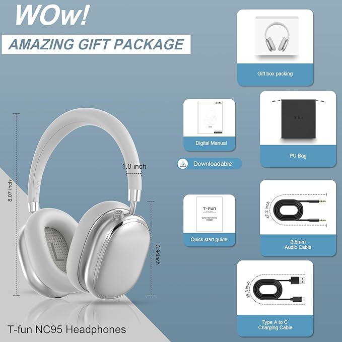 T-fun NC95 Hybrid Active Noise Cancelling Headphones with Knob Control, 65H Playtime Over Ear Headphones Wireless Bluetooth 5.3, App Control, Hi-Res Audio, Comfort Fit, Clear Calls for Travel/Workout