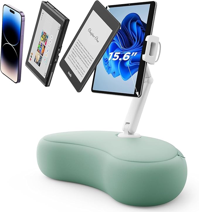 SAIJI Kindle Pillow Stand, iPad Stand Compatible with 4.7”-15.6” Kindle, Phone, iPad, 360° Adjustable Tablet Holder for Bed with Flexible Dual Axis Arm and Microbead Cushion (Cyan)
