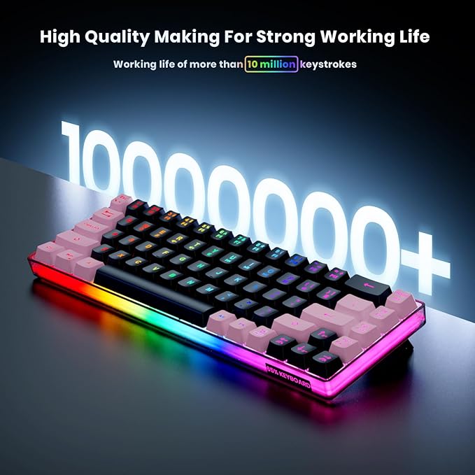 65% Wireless Gaming Keyboard, LED Backlit Gaming Keyboard, 68 Keys Ultra-Compact Anti-ghosting No-Conflict Wireless Keyboard for PC Laptop Windows Gamer(Black-Pink)