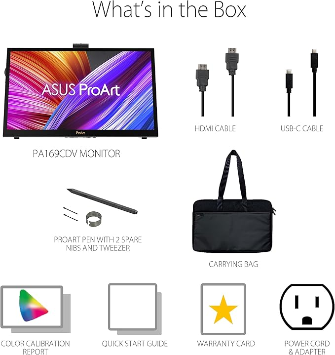 ASUS ProArt Display 15.6” 4K Pen Display (PA169CDV) – IPS, UHD (3840 x 2160), WACOM Feel EMR, 100% sRGB, Calman Verified, Pantone Validated, Speakers, USB-C, 10-Point Touch, Dial, 3 Year Warranty