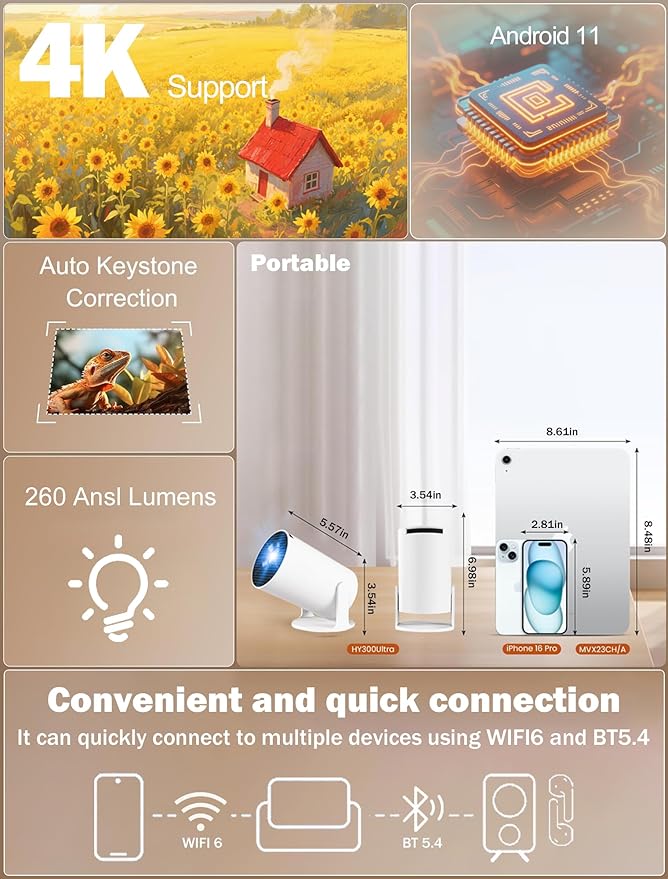 Mini Projector Support 4K, 200 Ansi Outdoor & Home Movie Portable Projector with Wifi6 and 5.0 Bluetooth, Automatic Keystone Correction, 180°Rotatable, Compatible with HDMI USB PC Laptop