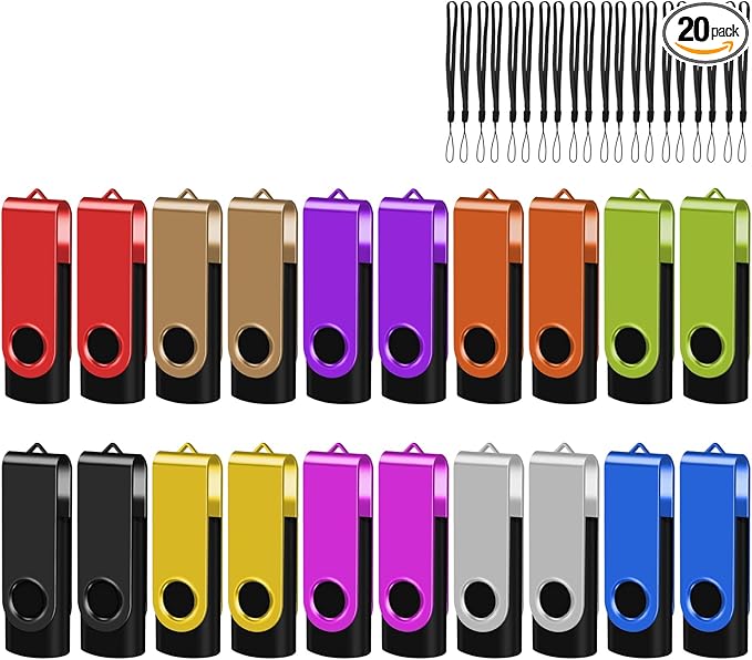 (Not 128GB) EASTBULL USB 2.0 Flash Drive 128 MB with Lanyards Thumb Drives Bulk 20 Pack Colorful Multipack Memory Stick Pen Drive Swivel Design(128MB 20 Pack)