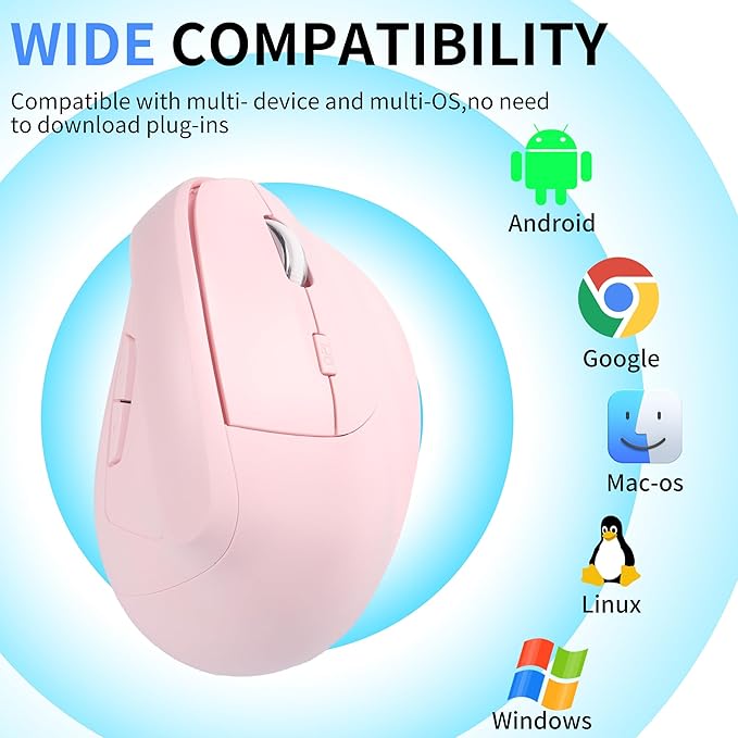 Wireless Bluetooth Mouse Vertical Ergonomic Dual Mode Rechargeable Silent Portable High Precision Optical Cordless Mice with USB Receiver for PC/Laptop/Tablet/MacBook Boy Girl,Reduce Wrist Pain（Pink）