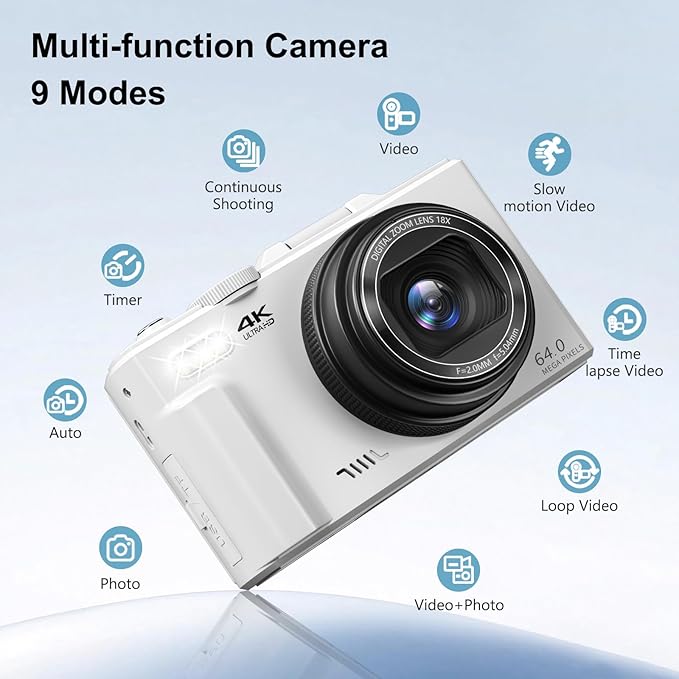4K Digital Camera for Photography, 64MP Vlogging Camera for YouTube with 3" 180° Flip Screen, 18X Digital Zoom Point and Shoot Camara with 32GB Micro SD Card for Beginner (White)