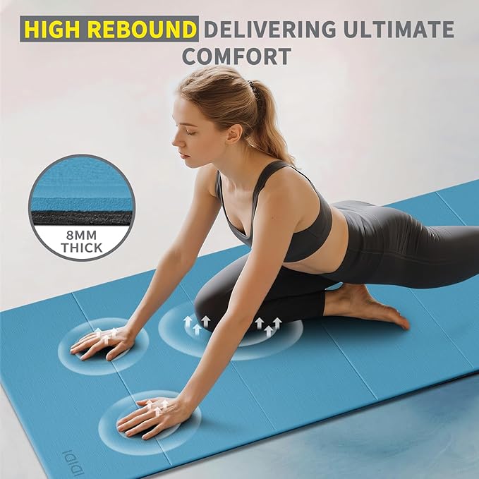 8mm Extra Large Foldable Yoga & Fitness Mat(74" x 31.5" x 0.32"), Double-Sided Non Slip & Lightweight Pilates Mat, Thick Wide Exercise Mats for Woman Man Kids, Portable Workout Mats for Travel, Studio or Home Use