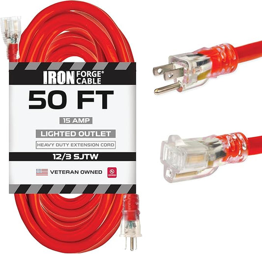 Iron Forge Cable 50 ft Lighted Outdoor Extension Cord - 12/3 SJTW Heavy Duty Red Extension Cable with 3 Prong 15 AMP Grounded Plug for Safety