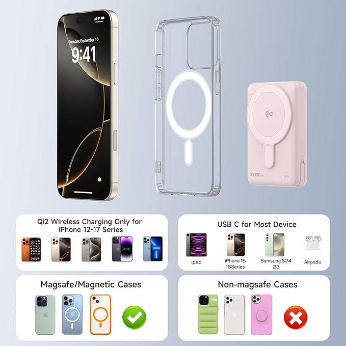 Magsafe Portable Charger 10000mAh Qi2 15W Fast Charging Magnetic Power Bank, Battery Pack with Foldable Stand, PD20W USB C Built in Cable, Mag Safe Only for iPhone 17/16/15/14/13/12 Series