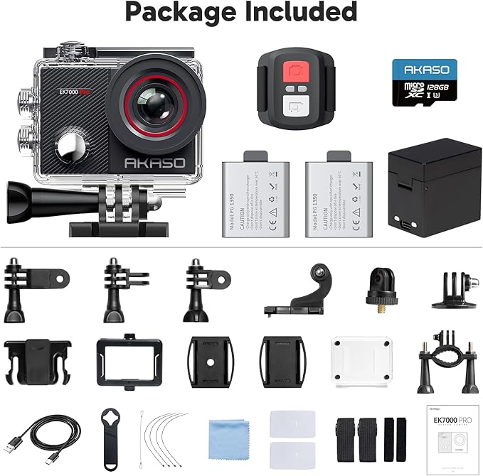 AKASO EK7000 Pro 4K30fps Action Camera with Touch Screen EIS 131ft Waterproof Underwater Camera Remote Control 5X Zoom with Helmet Accessories Kit (with 128GB MicroSD Card)